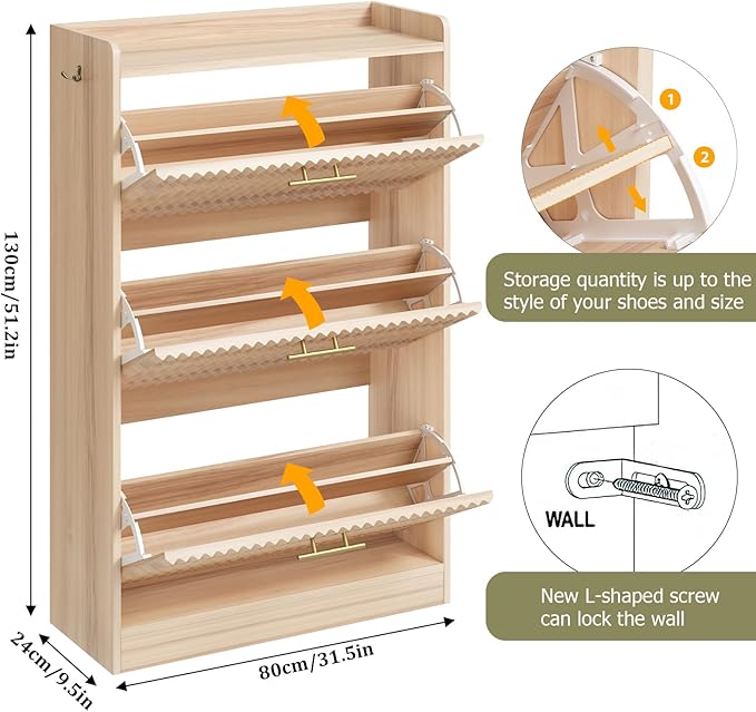 Shoe Storage Cabinet with 3 Flip Drawers, Fluted Freestanding Shoe Cabinet Storage for Entryway with Adjustable Shelf, Hidden Shoe Rack Cabinet for Foyer, Hallway (Natural Wood)