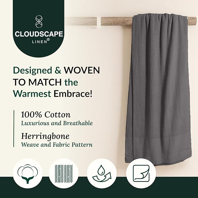 Cloud Scape Linen 100% Cotton Blanket King Size for Bed – Lightweight All Season Blanket, Herringbone Weave, for Women, Mom, Men, fits California King, 92x108, Dark Grey