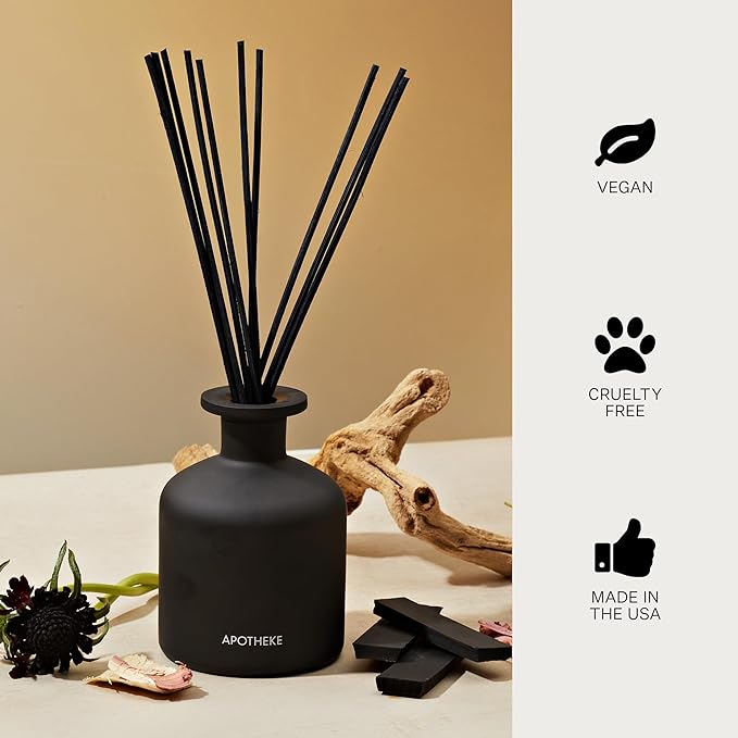 Apotheke Luxury Scented Reed Diffuser for Home, Charcoal - 6.7 Fl Oz Essential Oil Aromatherapy - 10 Rattan Scent Sticks Room Diffuser - Long-Lasting Fragrance for Bedroom, Home, Bathroom