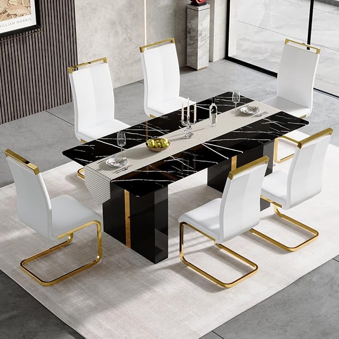 71'' Dining Table Set for 6，7 Piece Dining Table Set, Faux Marble Dining Room Table and PU Leather Chairs Set of 6 for Kitchen, Dining Room,Easy to Assemble