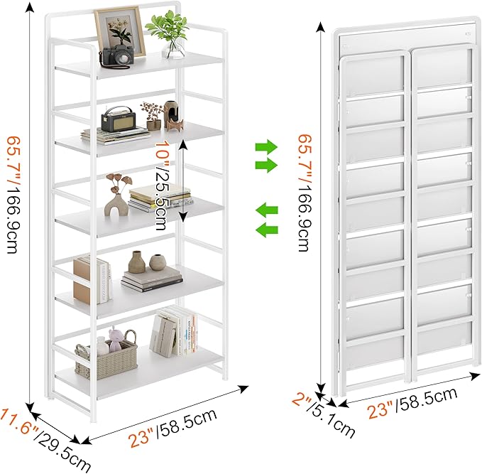 No Assembly Folding Bookshelf, 5 Tiers Collapsible Book Shelf for Home Office, Vintage Wood Foldable Bookcase Storage Organizer for Living Room Bedroom (White)