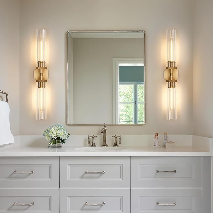 Gold Crystal Bathroom Wall Sconce Light Fixture Modern Bathroom Vanity Light,28.5in Brass Sconces Wall Lighting,Linear Indoor Wall Sconce Light for Bedroom,Hallway,Staircase,Living Room,Dining Room