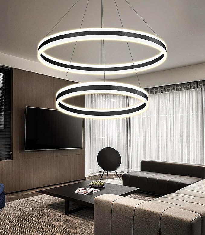 D23.6''+31.5'' Modern Ring Chandelier for Dining Room LED Dimmable Pendant Lighting High Ceiling Chandelier for Living Room Foyer Bedroom Entryway 3000K-6000K Black