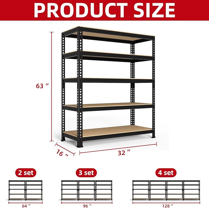 PrimeZone Heavy Duty Garage Storage Shelves, 31.5" W x 16" D x 63" H Adjustable Gargae Shelving, 5 Tier Metal Shelving Unit, Storage Shelf Utility Rack Organizer for Garage, Warehouse, Pantry, Black