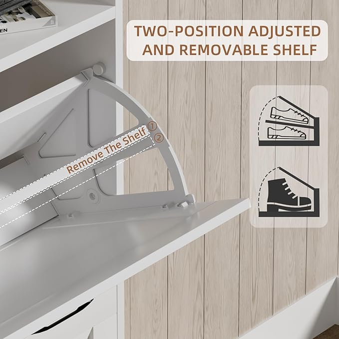 Urban Deco Shoe Storage Cabinet for Entryway, Organizer Shoe Cabinet with 2 Flip Drawers, Elegant 2 Tier Freestanding Shoe Organizer Anti-Tipping Design (White)