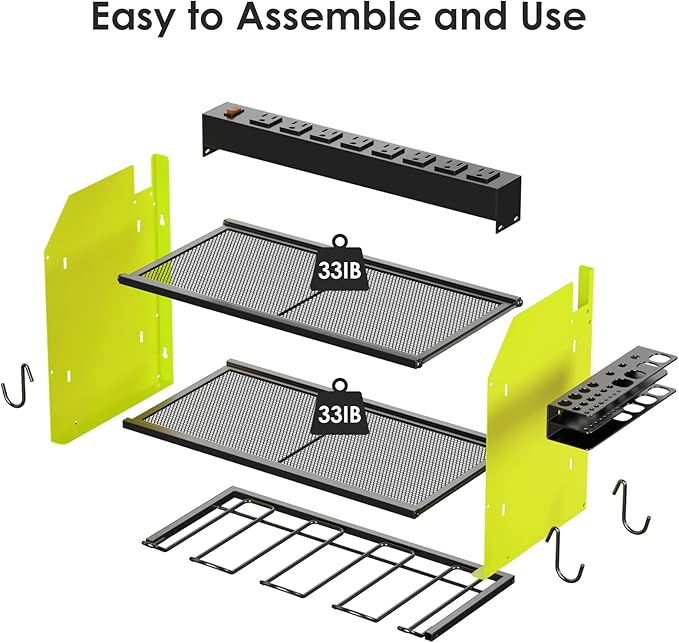 CCCEI Modular Power Tool Organizer Wall Mount with Charging Station. Garage 4 Drill Storage Shelf with Hooks, Screwdriver, Drill Bit Heavy Duty Rack, Tool Battery Holder Built in 8 Outlet Power Strip.