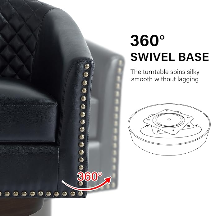 Swivel Barrel Accent Chair, Comfy Modern Upholstered Round Faux Leather Arm Chair for Living Room, Bedroom（Black, Set of 1