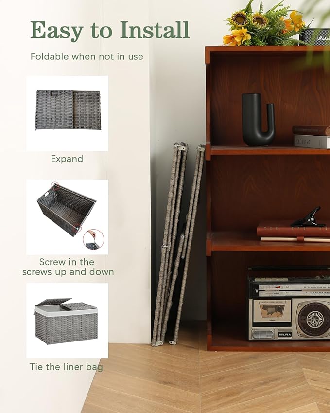 Storage Basket with Lid Rattan, Woven Storage Baskets with 2 Separate Lids, 17.2 Gallon (65 L), 22.2 x 13 x 13.8 Inches, Foldable, 2 Removable Liner Bags Handles for Bedroom, Laundry Room Gray