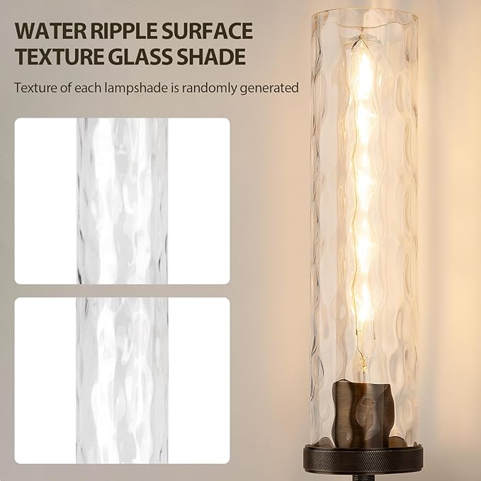 19.5" Knurled Brass Wall Sconces Set of 2, Bronze Bathroom Vanity Light Fixtures with Water Ripples Glass Tube, Modern Lamp Lighting for Bedroom, Living Room, Hallway, Staircase, Mirror, Kitchen