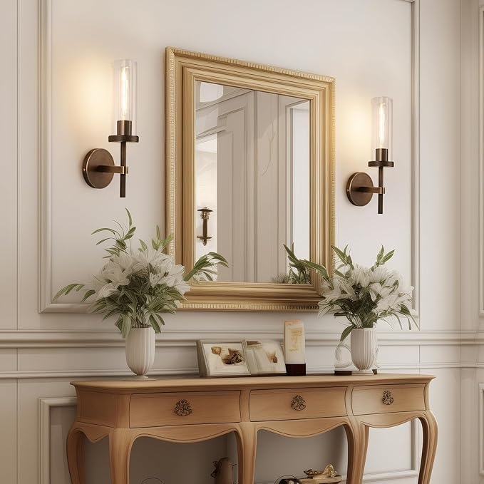 15" Knurled Brass Wall Sconces Set of 2, Bronze Bathroom Vanity Light Fixtures with Clear Glass Tube, Modern Lamp Lighting for Bedroom, Living Room, Hallway, Staircase, Mirror, Kitchen