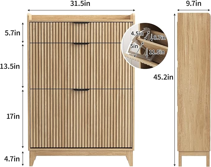 Maupvit Fluted Shoe Cabinet with 2 Flip Drawers & Large Drawer, Freestanding Shoe Storage with Adjustable Shelf, Shoes Organizer Shoe Rack for Entryway, Hallway, Front Door Entrance