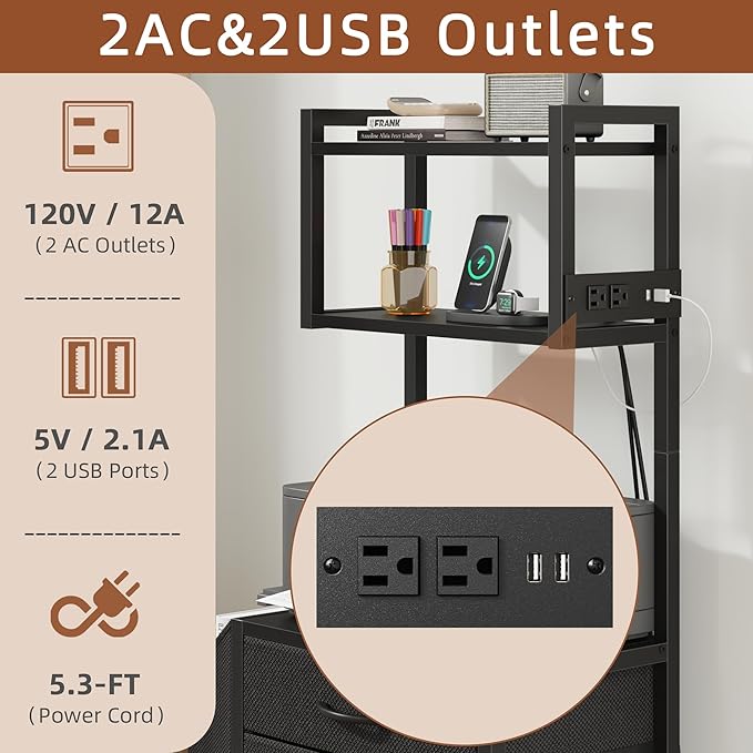 3 Drawer File Cabinet with Charging Station, 3-Tier Tall Filing Cabinet for Home Office, 11''*16'' for Small Printer, Fabric Drawer Fits A4/Letter, Printer Stand 45''H, Black