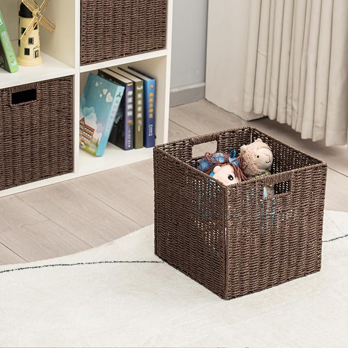 Handwoven Paper Woven Cube Basket Organizer with Handles set of 4 Foldable Storage baskets for Bedroom Living Room Cubby Storage Units for Clothes Books Toys (Brown, 13" L x 13" W x 13" H)