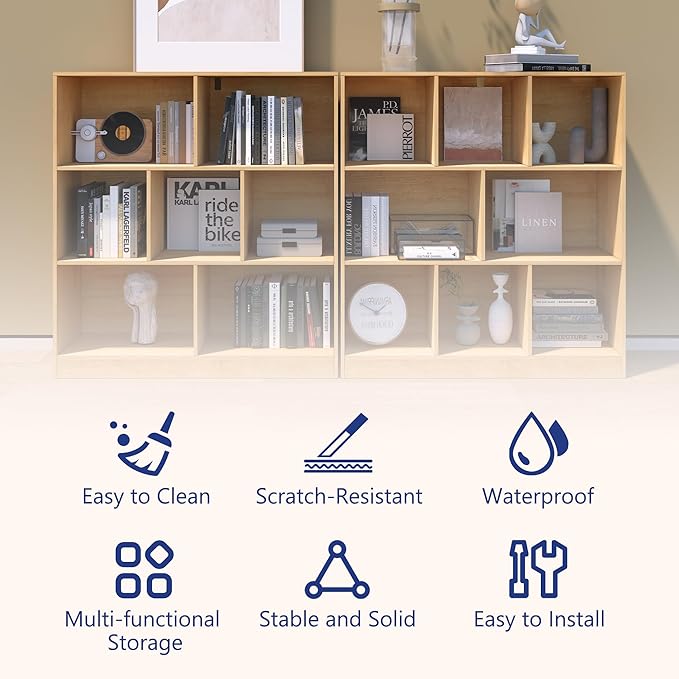 7-Cube Wooden Bookshelf with Base,3-Tier Freestanding Open Storage Organizer,Multi-Functional Bookcase for Living Room,Bedroom,Study and Office (Oak, 7-Cube)