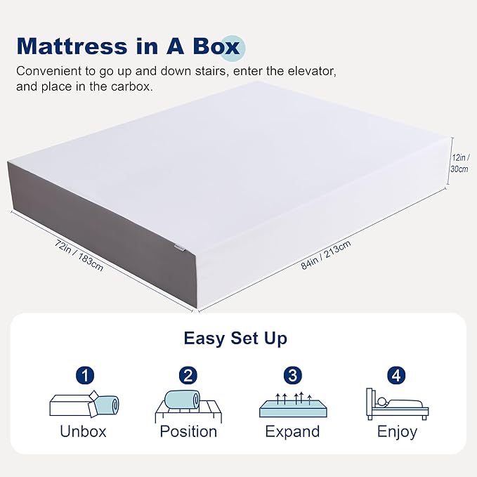 Amazon Basics Memory Foam Mattress, Soft Plush Feel, California King, White/Grey, 84 x 72 x 12 inches (LxWxH)
