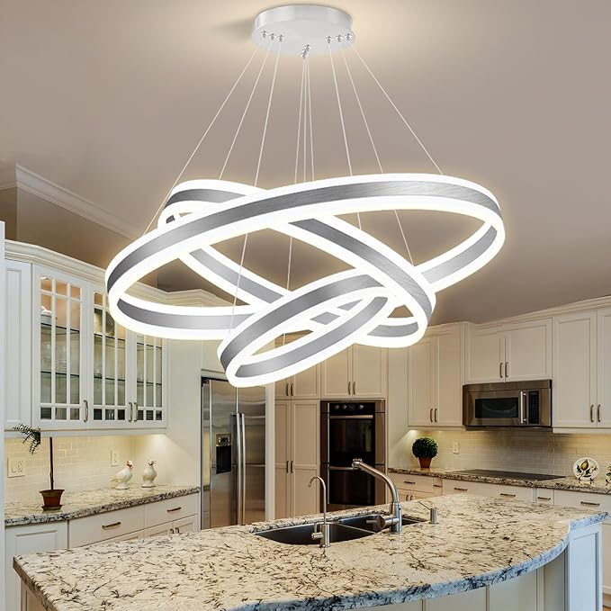 3 Ring D31.5 Modern LED Chandelier, Flush Mount Ceiling Lighting for Living Room, Adjustable Height Pendant Light for Staircase Foyer Dining Room Entryway Sliver