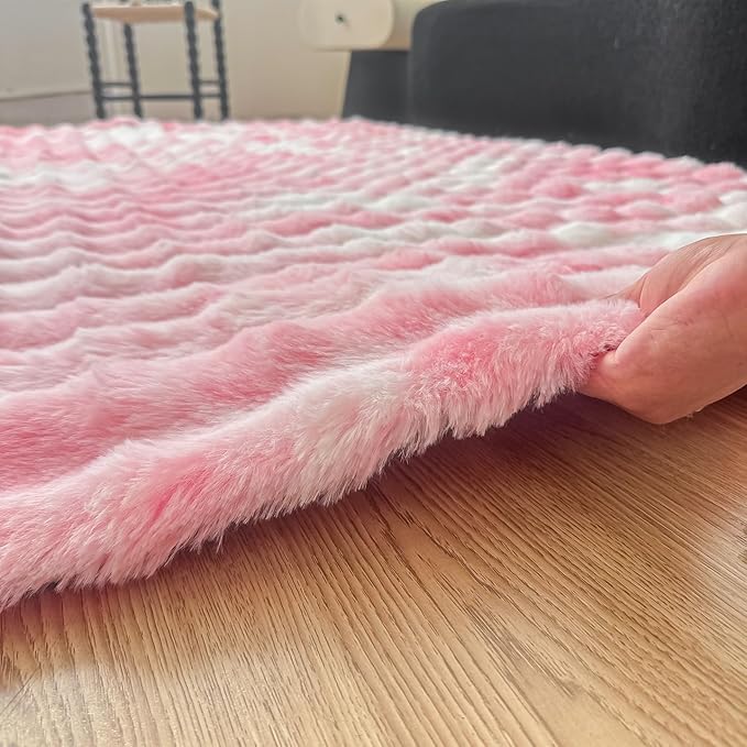 Pink White Rabbit Plush Area Rug for Bedroom Living Room Sofa,5'X8' Faux Fur Fluffy Shaggy Rectangular Square Rug for Kids Teen Girls Room,Furry Carpet Rug for Nursery Baby Room Decor for Teenage