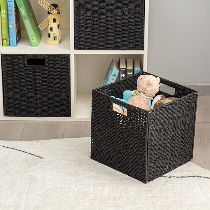 Handwoven Paper Woven Cube Basket Organizer with Handles set of 4 Foldable Storage baskets for Bedroom Living Room Cubby Storage Units for Clothes Books Toys (Black, 13" L x 13" W x 13" H)