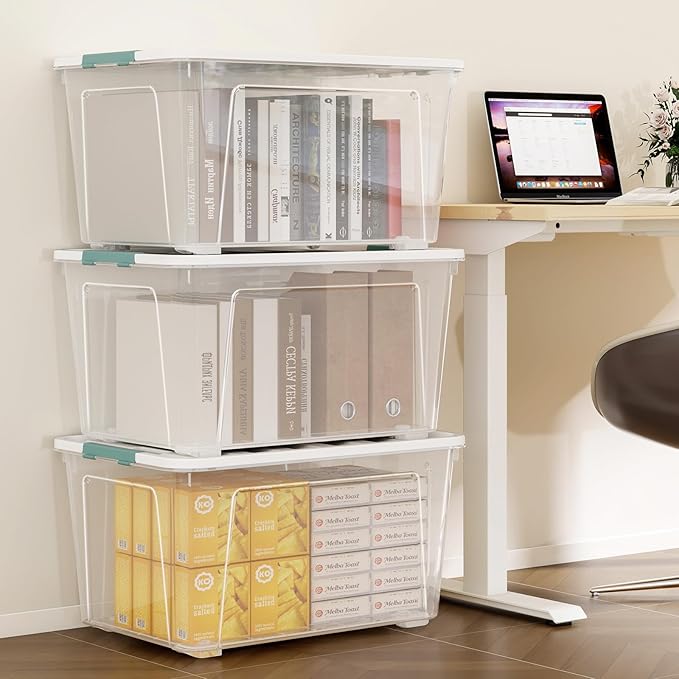 85-Quart Wheeled Latching Storage Box, Clear Stackable Organizer Box, Plastic Storage Bin Container with Latching Lids for Home Garage Organization (4 Pack)