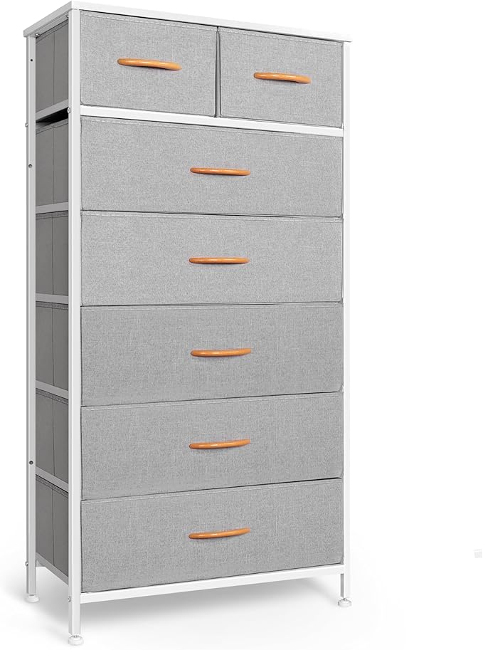 Tall Dresser for Bedroom, Vertical Storage Organizer Tower with 7 Drawers, Chest of Drawers with Fabric Bins, Steel Frame, Wood Top for Bedroom, Closet, Entryway- Light Grey