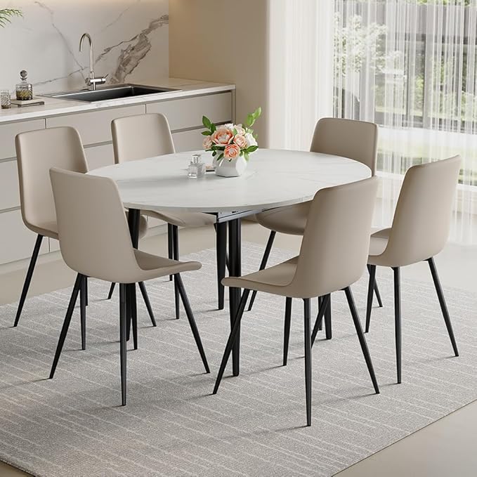 42"-54" Extendable Dining Room Table Set for 6, Round Dining Table Set for 6, White Kitchen Table with Upholstered Chairs Set of 6, 7 Piece Dining Table Set for Small Spaces, Easy Assembly