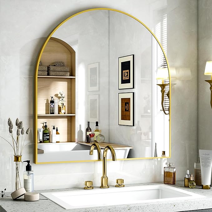 Arched Bathroom Mirror, 32x34 Inch - Wall Mounted Vanity Mirror with Aluminum Alloy Frame - Ideal for Living Room, Bedroom, Bathroom, and Entryway, Hanging or Leaning, Gold