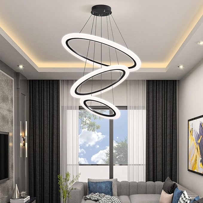 Modern LED Chandelier, 3 Ring Chandelier for Dining Room Living Room Pendant Lighting Fixture High Ceiling Hanging LED Pendant Ceiling Light Fixture for Bedroom Foyer （Black）