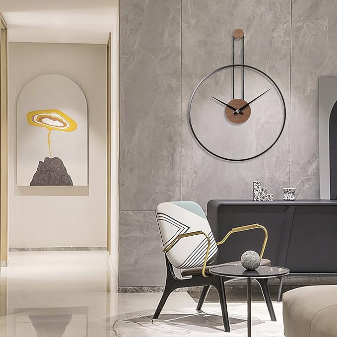 YISITEONE Medium Decorative Wall Clock for Living Room,Metal & Walnut Dial Home Decor Silent Non Ticking Lightweight Clocks for Bedroom, Study, Office Decorations, 24.4" X 17.7",Black