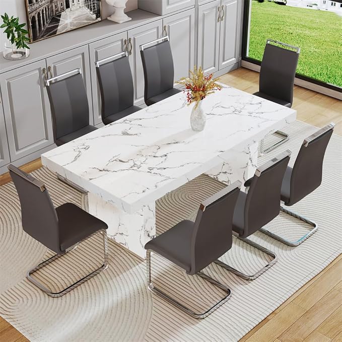 79'' Dining Table Set for 8, Dining Room Table Set for 8, 3.5'' Thick Faux Marble Table Top, MDF Table Legs, PU Ergonomic Dining Chair, for Dining Room