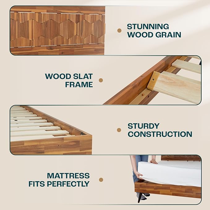 Bme Georgina Signature Bed Frame with Handcrafted Geometric Headboard, Mid Century Modern, Solid Acacia Wood, No Box Spring Needed, 12 Strong Wood Slats Support, Easy Assembly, Teak Brown, King