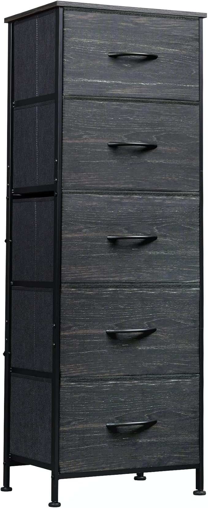 WLIVE Fabric Dresser, 5-Drawer Tall Dresser for Bedroom, Storage Dresser Organizer with Fabric Bins, Wood Top, Sturdy Steel Frame, Chest of Drawers for Closet, Hallway, Charcoal Black Wood Grain Print
