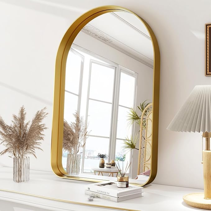 Arched Bathroom Mirror - 36x24 Inch Gold Bathroom Mirror for Wall - Aluminum Alloy Framed Mirror - Arched Top Bathroom Vanity Mirror for Living Room, Bedroom, Mantel, Entryway, and Hallways