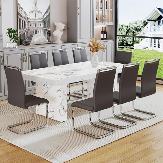 79'' Dining Table Set for 8, Dining Room Table Set for 8, 3.5'' Thick Faux Marble Table Top, MDF Table Legs, PU Ergonomic Dining Chair, for Dining Room