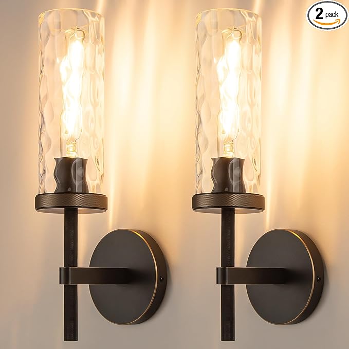 15" Knurled Brass Wall Sconces Set of 2, Black Gold Bathroom Vanity Light Fixtures with Water Ripples Glass Tube, Modern Lamp Lighting for Bedroom, Living Room, Hallway, Staircase, Mirror, Kitchen