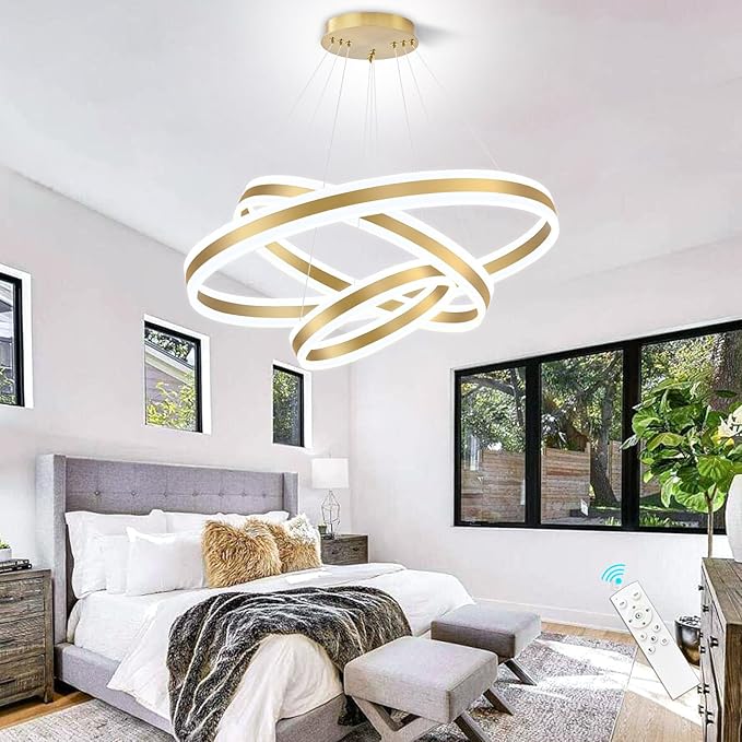 3-Rings Modern Gold LED Chandelier, Flush Mount Ceiling Lighting for Living Room, Adjustable Height Pendant Light for Staircase Foyer Dining Room Entryway 3000K 6000K
