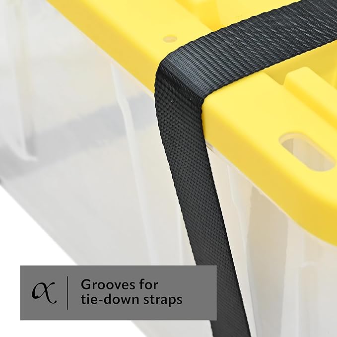 CX BLACK & YELLOW, 27-Gallon Heavy Duty Clear Storage Container & Snap-Tight Lid, Clear & Yellow (14.3"H x 20.6"W x 30.6"D), Weather-Resistant, Stackable, See-Through Organization Tote [4 Pack]