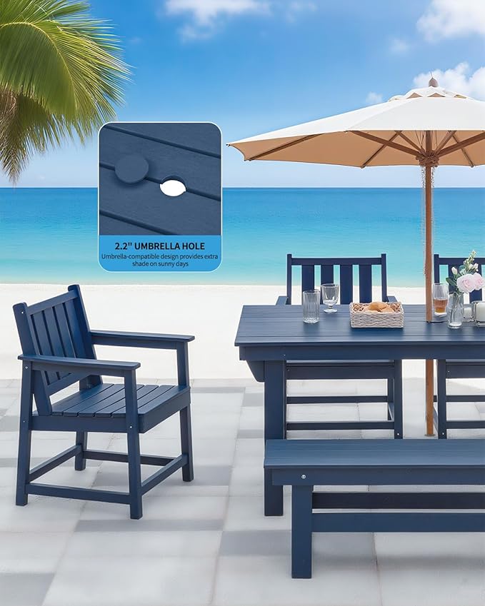 QUASCO Outdoor Patio Dining Set for 6, HDPE Dining Furniture Set with Umbrella Hole Cut-Out Table and 4 Chairs and 1 Bench, All Weather Outdoor Dining Bench Sets for Garden, Deck, Navy Blue