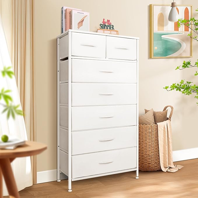Tall Dresser for Bedroom, Vertical Storage Organizer Tower with 7 Drawers, Chest of Drawers with Fabric Bins, Steel Frame, Wood Top for Bedroom, Closet, Entryway- White