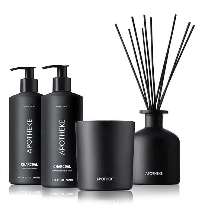 Apotheke Charcoal Bundle with Scented Candles, Oil Reed Diffuser, Body Lotion & Body Bar Soap