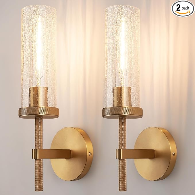 15" Knurled Brass Wall Sconces Set of 2, Gold Bathroom Vanity Light Fixtures with Crackle Glass Tube, Modern Lamp Lighting for Bedroom, Living Room, Hallway, Staircase, Mirror, Kitchen