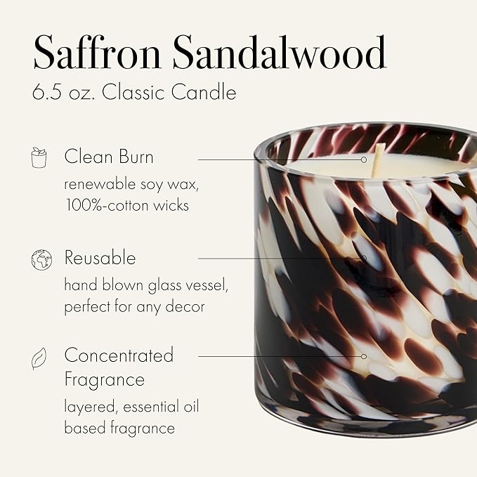 LAFCO New York Classic Fall Candle, Saffron Sandalwood - 6.5 oz - 50-Hour Burn Time - Reusable, Hand Blown Glass Vessel - Made in The USA