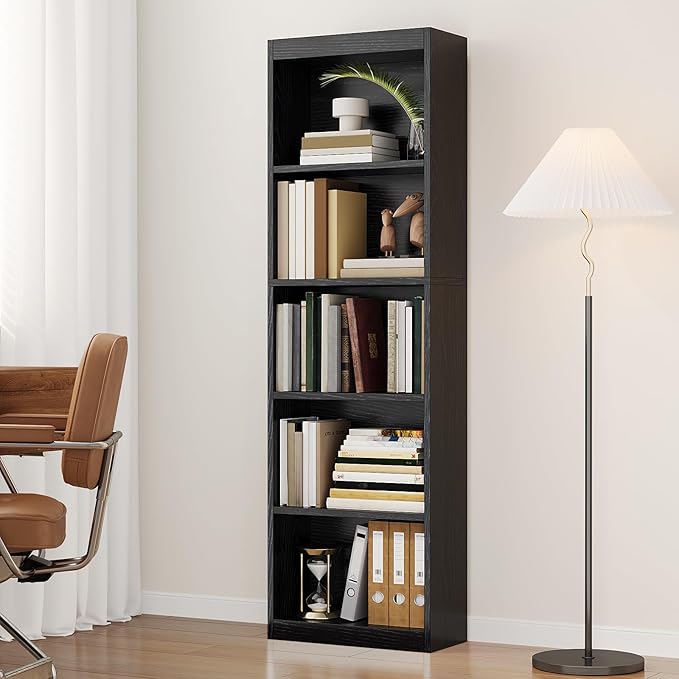 5-Tier Bookcase Set of 2, Open Storage Shelf, Narrow Tall Book Shelf, Freestanding Display Storage Shelves Suitable for Home Office, Living Room and Bedroom, Black