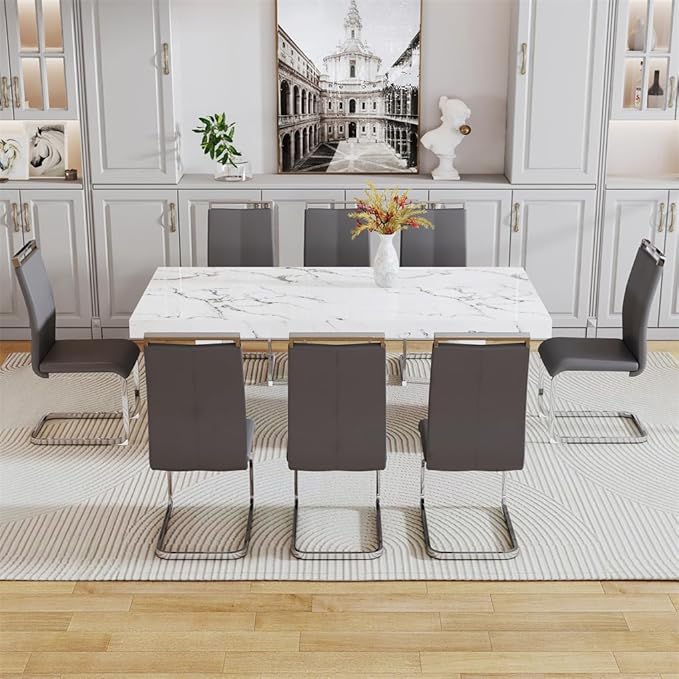 79'' Dining Table Set for 8, Dining Room Table Set for 8, 3.5'' Thick Faux Marble Table Top, MDF Table Legs, PU Ergonomic Dining Chair, for Dining Room