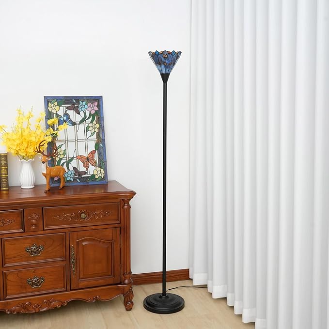 Tiffany Stained Glass Torchiere Floor Lamp Tiffany Style Standing Corner Light Antique Handcrafted Pole Floor Reading Uplight Lamp (Bulb Include)