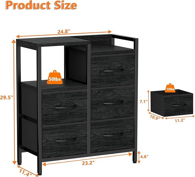 Furnulem 5 Drawer Black Dressers for Bedroom 2 Tier Shelf Storage Small Fabric Dresser for Closet Sturdy Metal Frame Modern Style Storage Cabinets Organization Units for Hallway Rooms