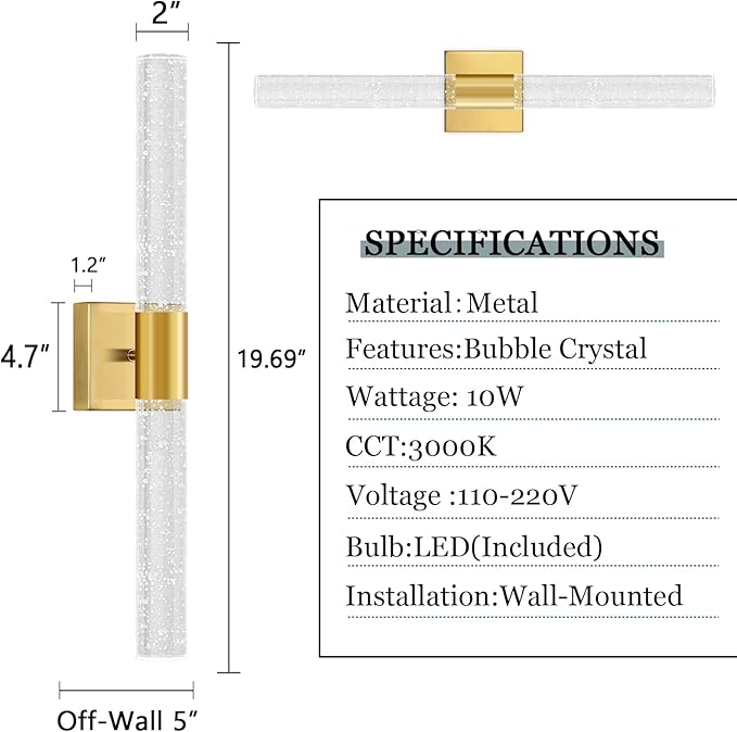 Brushed Gold LED Wall Sconces Set of 2 with LED Warm Light Interior Glam Crystal Wall Light, Hardwired