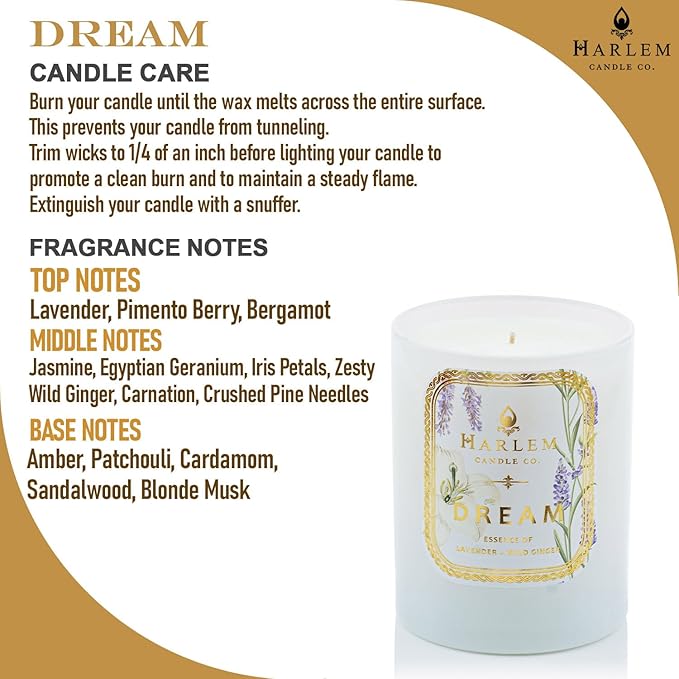 HARLEM CANDLE CO. - Dream - Luxury Scented Soy Candle, 11 oz - 80-Hour Burn Time | Lavender, Pimento Berry, Bergamot, Jasmine, Wild Ginger, Sandalwood | Scented Candles for Home