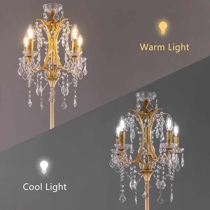 TOCHIC 5-Light Farmhouse Tranditional Crystal Floor Lamp, Gold Craft Candelabra Lighting Fixture 65'' Tall for Living Room, Dining Room, Entryway, Bedroom