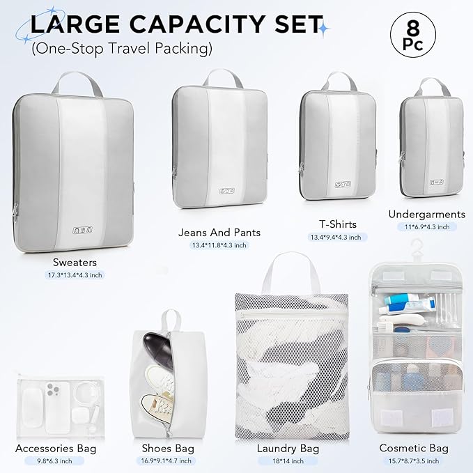 8 Set Compression Packing Cubes for Travel Essentials,Compressible Expandable Packing Cubes for Suitcase,OlarHike Luggage Organizer Bags for Travel,Handy Helper for Organizing Clothes(White)
