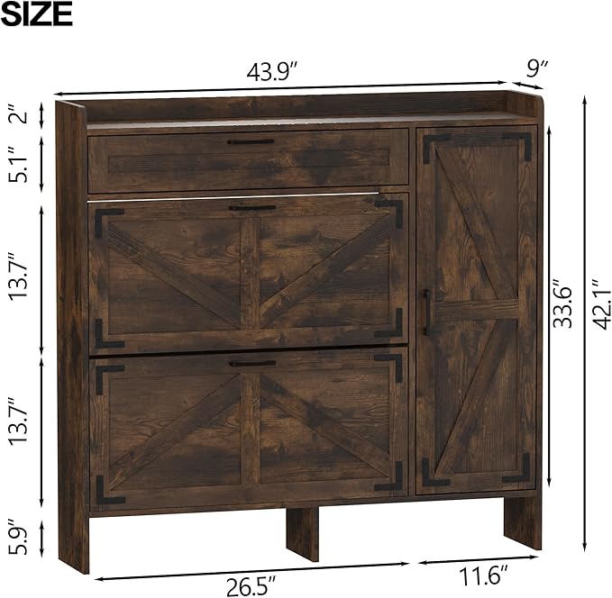 Shoe Cabinet with 2 Flip Drawers, Shoe Storage Cabinet for Entryway, Shoe Rack with Adjustable Side Cabinet, Freestanding Hidden Shoe Cabinet Organizer with Storage Drawers, Rustic Brown, L